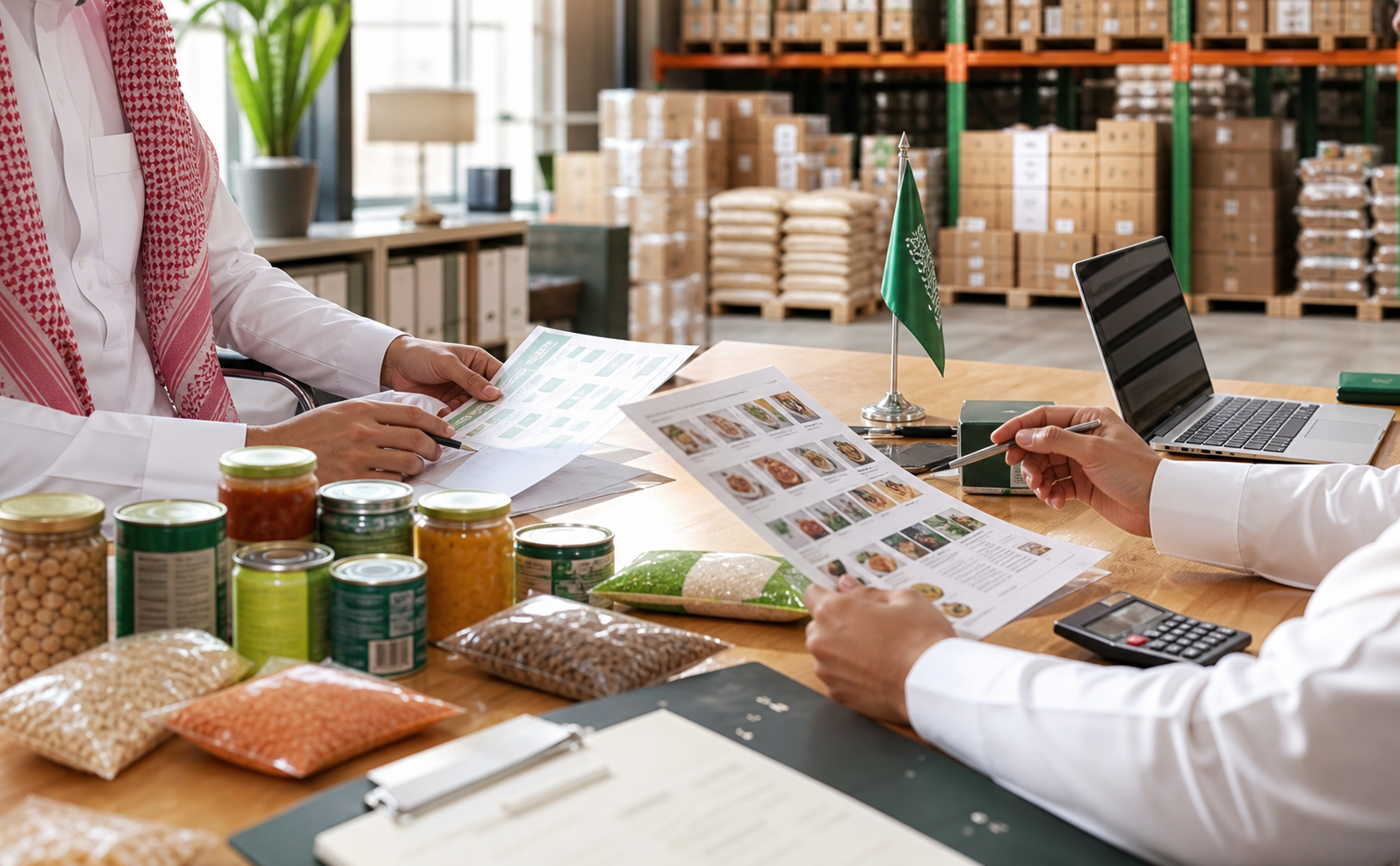 Food warehouse team reviewing packaged products
